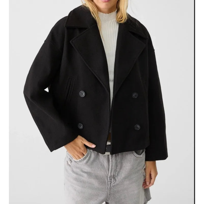 Women's Oversized Double Breasted Wool Blend Peacoat Brown Short Coat Casual Outerwear