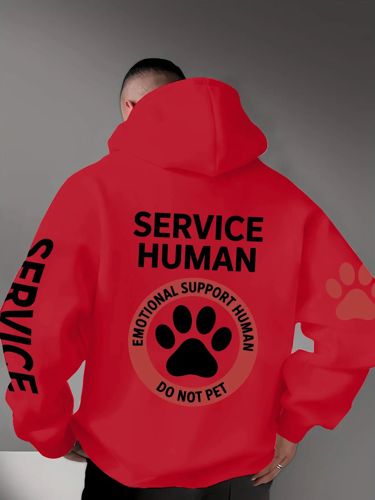 Men Winter Casual Hoodie Emotional Support Human Do Not Pet Letter Paw Pattern Back Print Pullover Hooded Sweatshirt