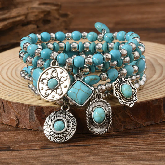 5 Pcs Women Turquoise Beaded Bracelet Set Boho Stretch Multilayer Charm Vintage Ethnic Western Jewelry Gifts Stackable Wristwear