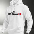 Unisex Nordic-style hoodie featuring a small graphic print of a Norwegian mountain peak and flag perfect for an outdoor vibe.