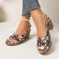 Floral Print Peep Toe Slingback Sandals Women Platform Chunky Block Heels