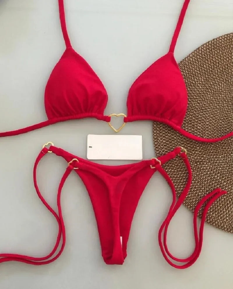 Sexy Halter Solid Color Bikini Set Women's Swimsuit Two-piece Triangle Thong Swimwear Bathing Suit Brazilian Biquinis