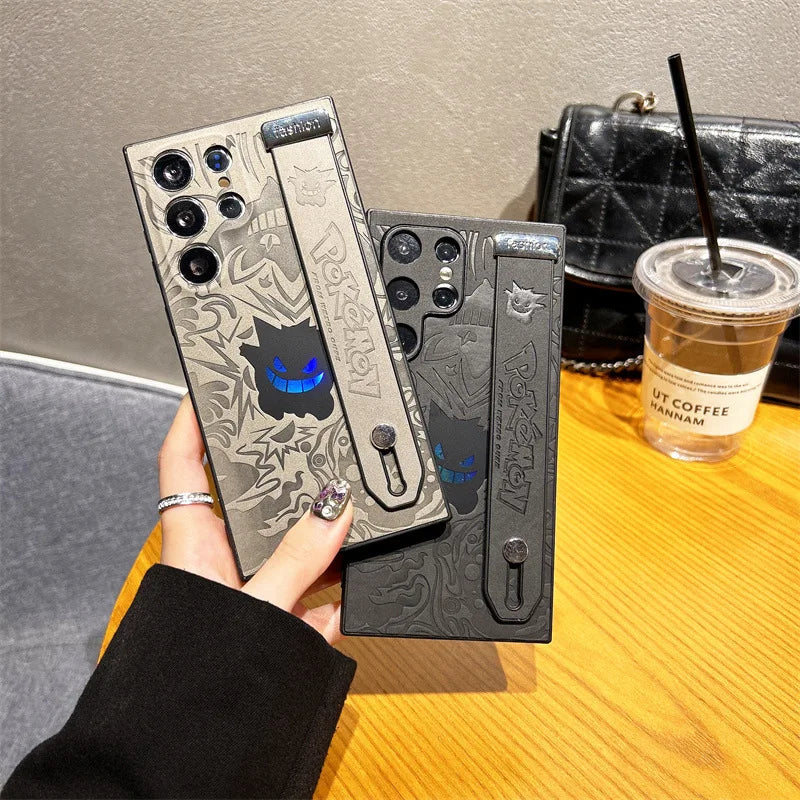 Cartoon Gengar Leather Laser Wristband Phone Case For Samsung Galaxy S25 S24 S23 S22 Ultra Plus A56 A55 A54 A36 Shockproof Cover