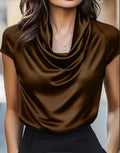 Fashioin Women's Satin Cowl Neck Short Sleeve Blouse Smooth Silk-Like Fabric Elegant Draped Neckline Top For Office Evening Wear