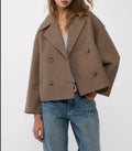 Women's Oversized Double Breasted Wool Blend Peacoat Brown Short Coat Casual Outerwear