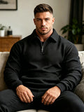 Men Geometric Jacquard Sweatshirt Quarter Zip Polo Neck Long Sleeve Loose Daily Pullover