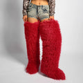 Womens Burgundy Faux Mongolian Thigh Highs Faux Fur Boots Y2k Fluffy Boots