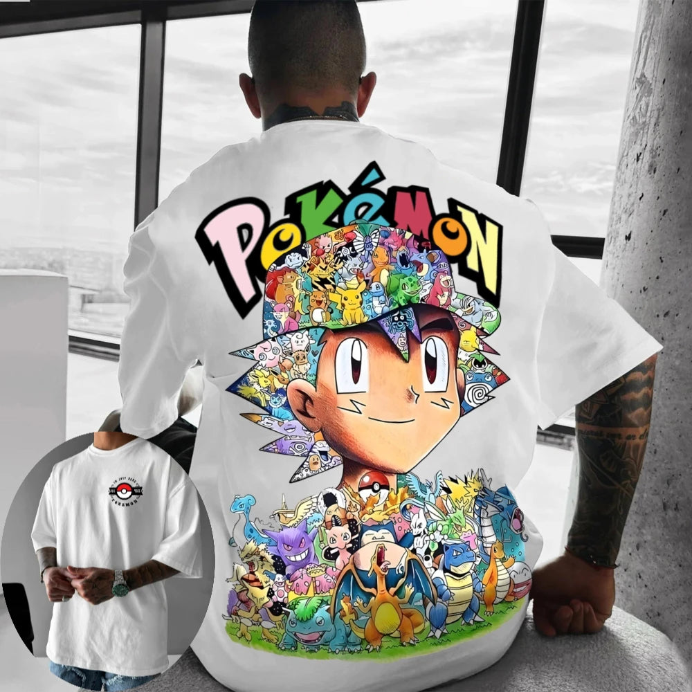 Pok mon Men's and Women's T-shirt Ash Ketchum Anime Tee Summer Fashion Versatile Boy's Girl's Short Sleeves Parent-child Outfits