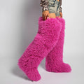 Womens Burgundy Faux Mongolian Thigh Highs Faux Fur Boots Y2k Fluffy Boots
