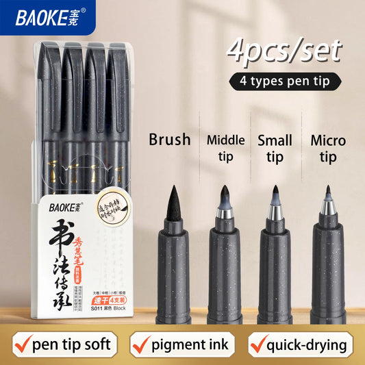 BAOKE 4-Size Calligraphy Pen Set for Writing, Drawing & Hand Lettering, Black Ink Brush