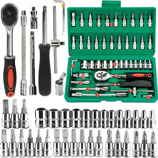46Pcs Family Tools 1/4 Set Mechanic Tool Kits for Auto Repair Hous with Sockets Metric