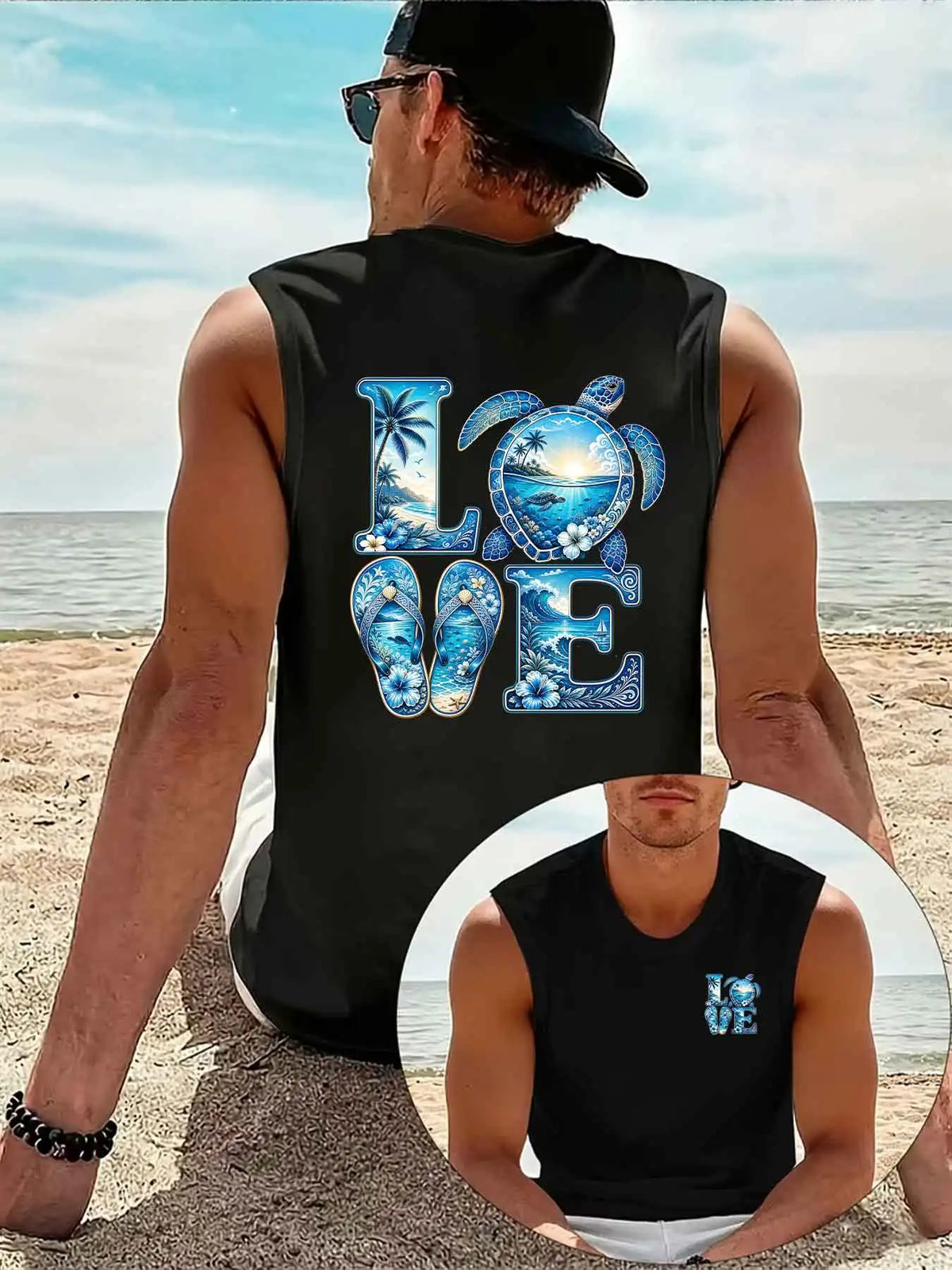 Beach Vacation Men SleevelessTank LOVE Sea Turtle Tropical Palm Wave Flip Flops Graphic Vest Loose Summer Workout Sleeveless Top