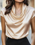 Fashioin Women's Satin Cowl Neck Short Sleeve Blouse Smooth Silk-Like Fabric Elegant Draped Neckline Top For Office Evening Wear