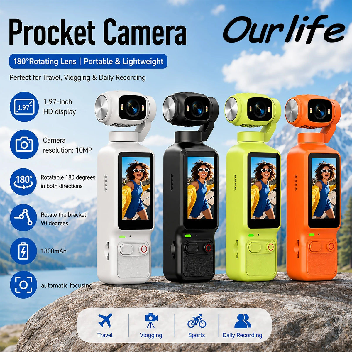 Ourlife 4K Action Camera 180 Rotatable For YouTube Vlog Video Recording Record Life