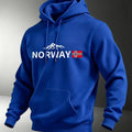 Unisex Nordic-style hoodie featuring a small graphic print of a Norwegian mountain peak and flag perfect for an outdoor vibe.