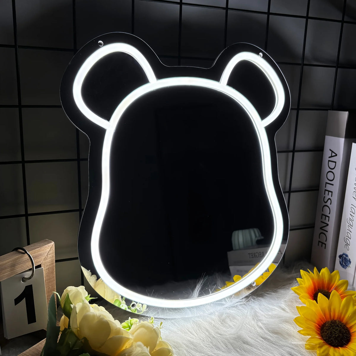 Cute Bear Neon Light Mirror, 10 Level Dimmablee LED Neon Decorative Face/makeup Mirror, Wall/Desktop