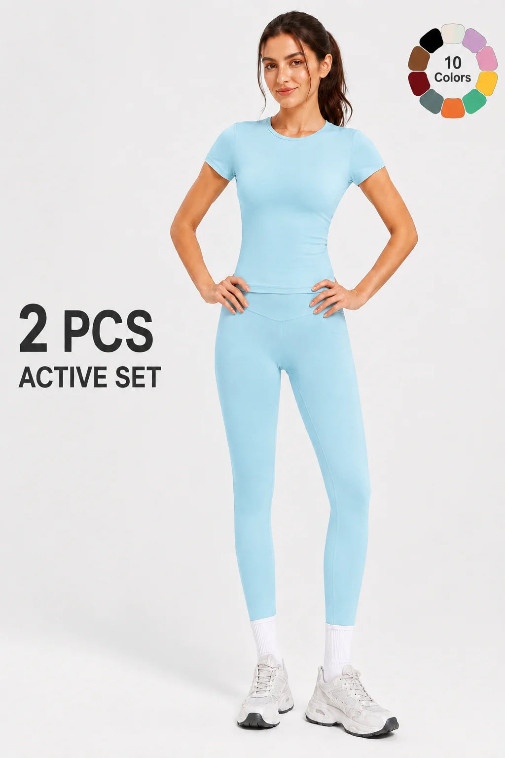 Ladies Sportswear Set (Short Sleeve Top + Long Pants) Fitness Gym Workout Clothing Running Yoga Ensemble
