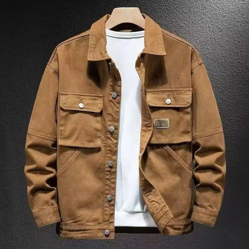 American Style Heavyweight Men's Denim Jacket Trendy Loose Dirt Resistant Wearable Workwear Jacket for Daily Use