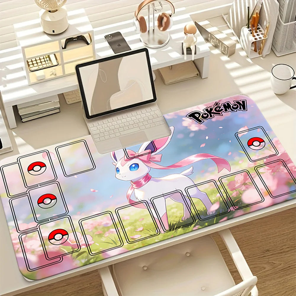 This is a Pok mon-themed playmat/desk pad designed for trading card game (TCG) enthusiasts, featuring Sylveon (the Fairy-type Po