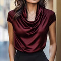 Fashioin Women's Satin Cowl Neck Short Sleeve Blouse Smooth Silk-Like Fabric Elegant Draped Neckline Top For Office Evening Wear