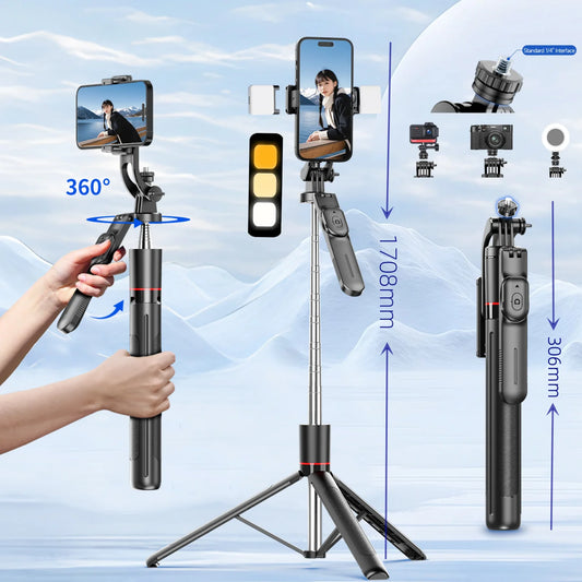 MEUYAG Selfie Stick Tripod with 1708mm Long Monopod Fill Light, Bluetooth Remote, 360